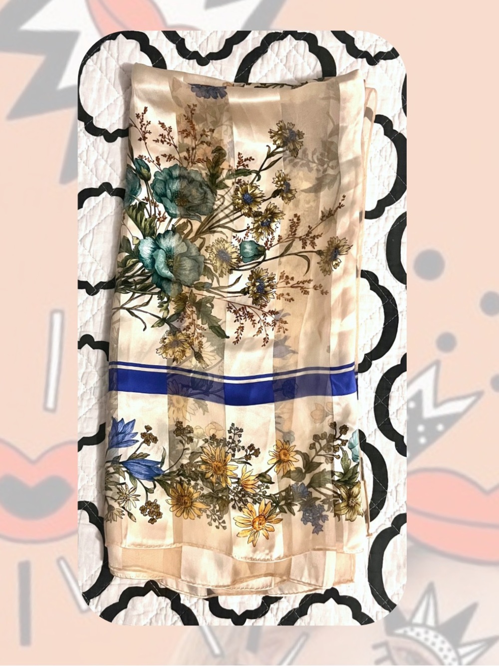 Adrienne Vittadini vintage cream blue striped floral sheer scarf